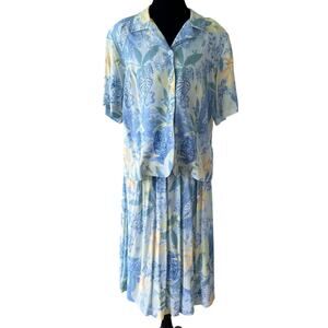 Retro 90s Cottage Tropical Skirt Button Down Shirt‎ Set Sz 14 Vintage Coastal